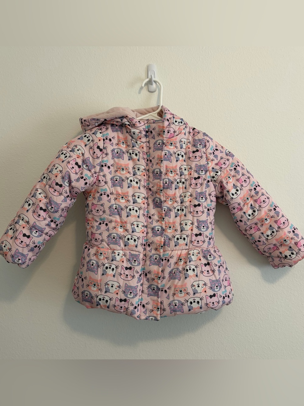 Little Beginnings Pink Purple Cat Print Girls Puffer Jacket
